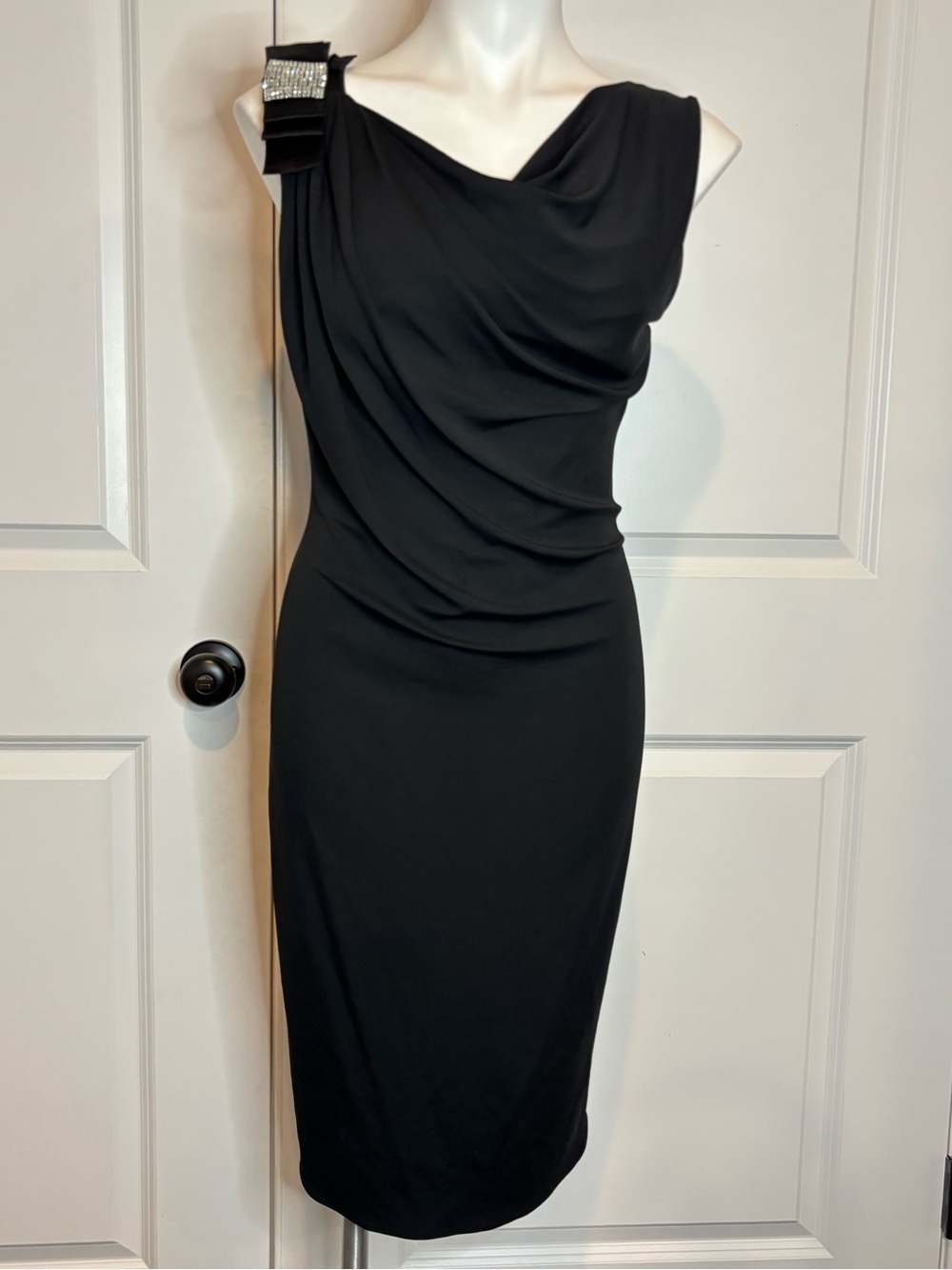 Blumarine Black Jersey Drape Crystal Bow Embellished Shoulder Cocktail Dress 10